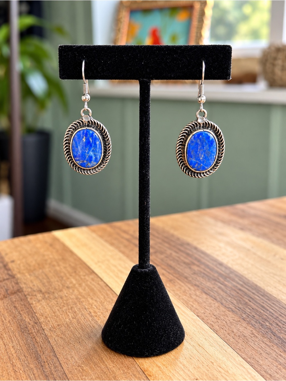 Blue Lapis Lazuli Stone Oval Dangle Earrings Silver Tone Boho Southwestern